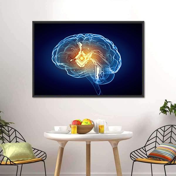 Glowing Circuit Brain Canvas Wall Art in black, orange and blue, framed canvas, product view on a white background
