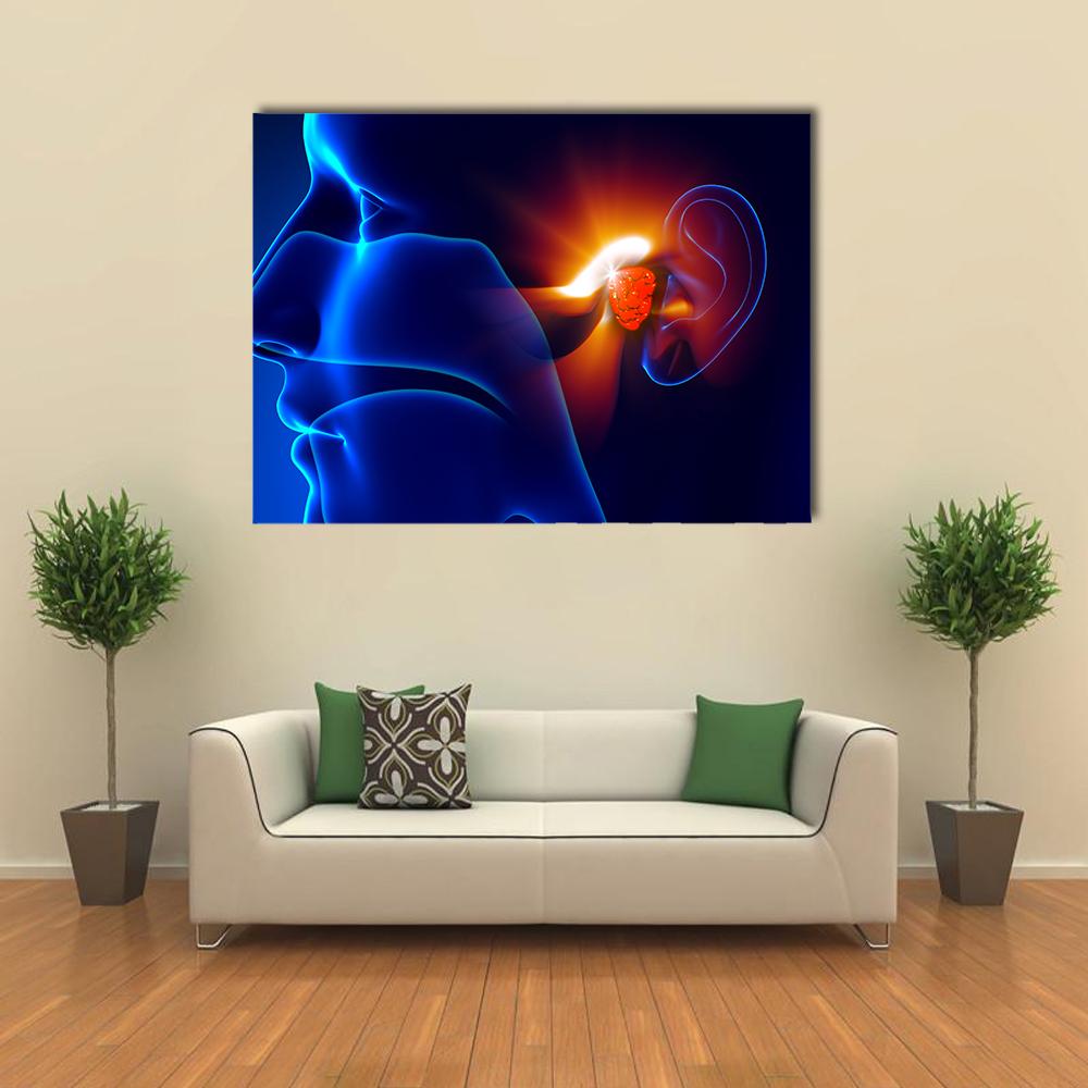 Inner Ear Pain Illustration Canvas Wall Art in black, red and blue, single panel hung on a wall
