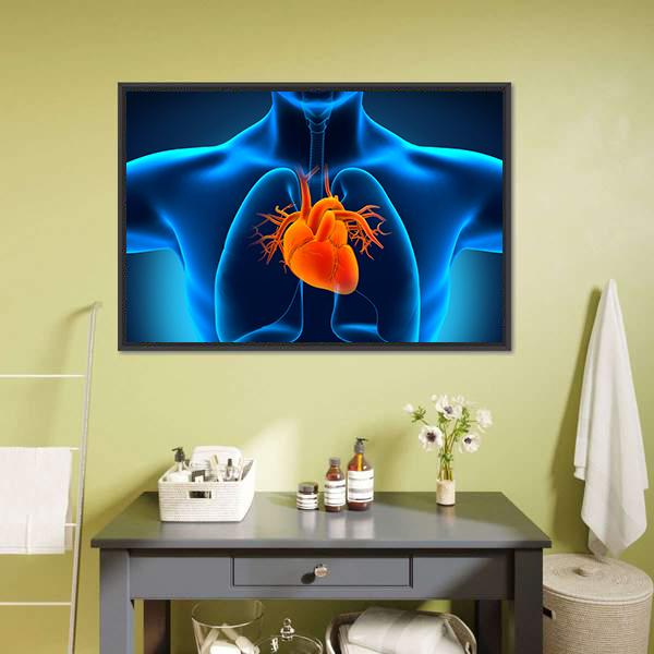 Glowing Anatomical Heart and Lungs Canvas Wall Art in black, orange and blue, framed canvas, product view on a white background