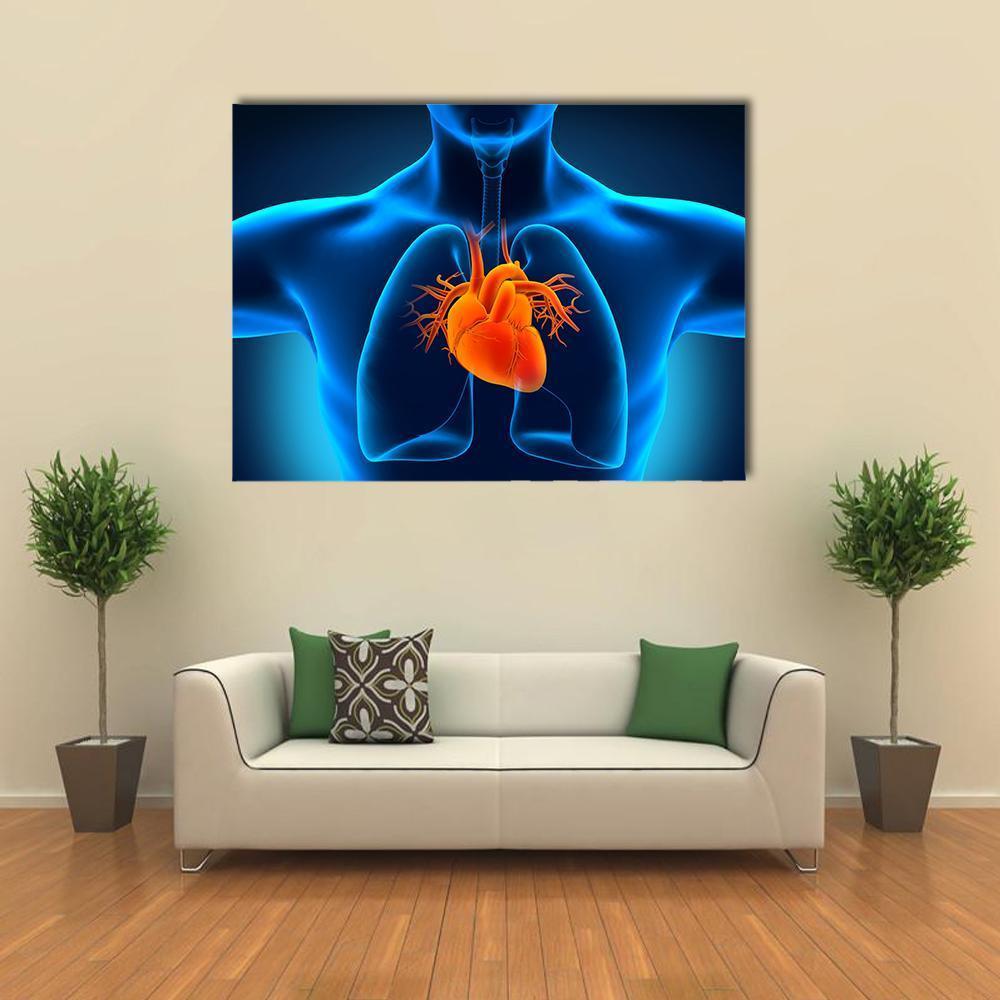 Glowing Anatomical Heart and Lungs Canvas Wall Art in black, orange and blue, single panel hung on a wall
