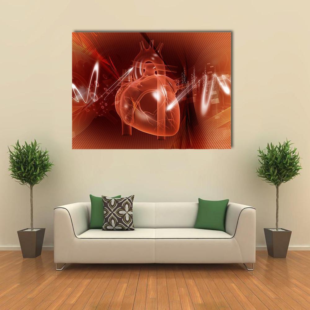 Translucent Anatomical Heart with Digital Grid Canvas Wall Art in red and orange, single panel hung on a wall