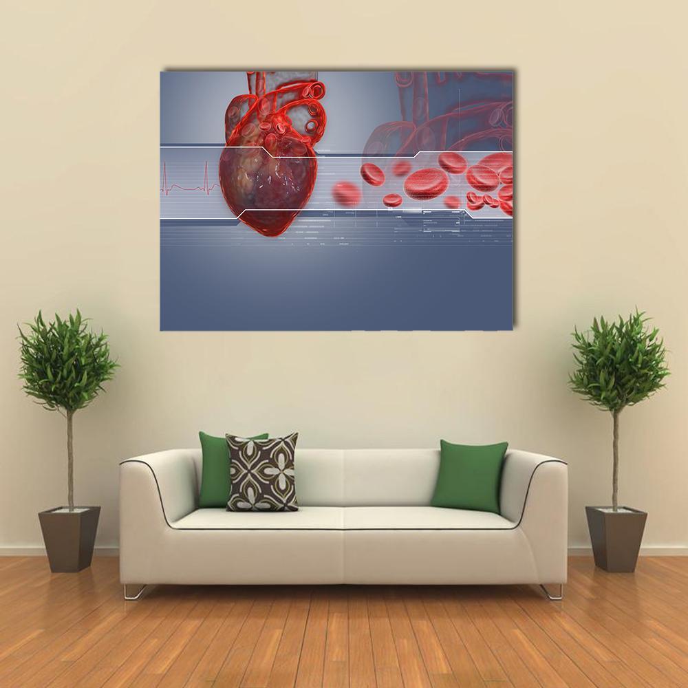 Human Heart Medical Illustration Canvas Wall Art in gray, red and blue, single panel hung on a wall