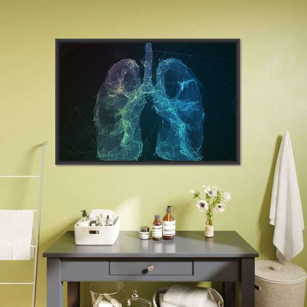 Wireframe Human Lungs Digital Canvas Wall Art in black, green and blue, framed canvas, product view on a white background