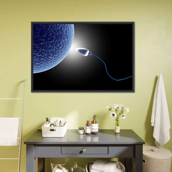 Human Sperm and Egg Close-up Canvas Wall Art in black, white and blue, framed canvas, product view on a white background