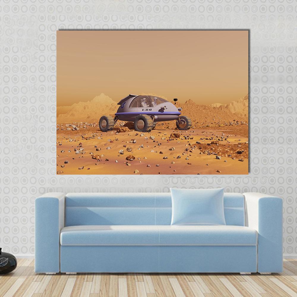 Human Vehicle on Mars Canvas Wall Art in beige, brown and orange, single panel hung on a wall
