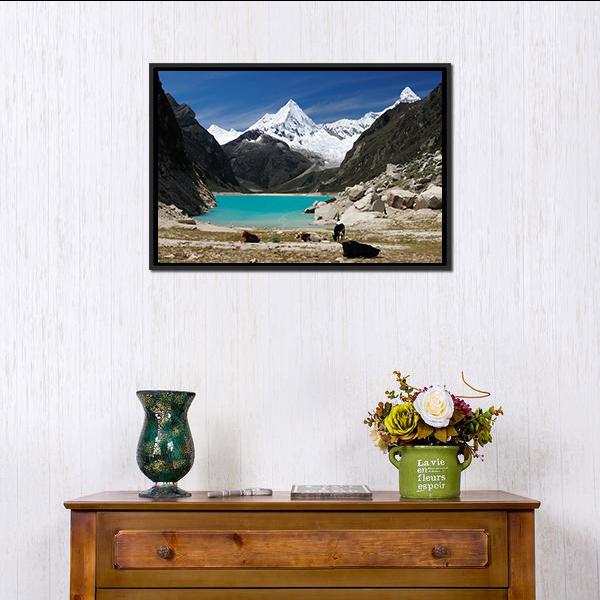 Humantay Lake Turquoise Mountain View Canvas Wall Art in white, gray and blue, framed canvas, product view on a white background