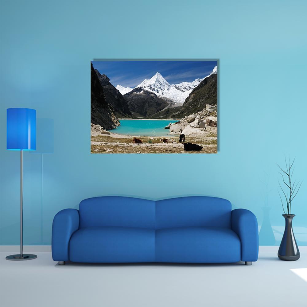 Humantay Lake Turquoise Mountain View Canvas Wall Art in white, gray and blue, single panel hung on a wall