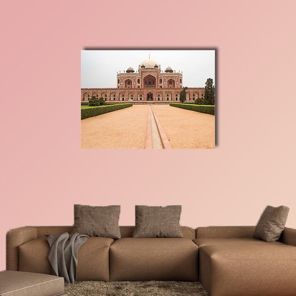 Humayun's Tomb, Delhi Canvas Wall Art in white, beige and brown, single panel hung on a wall