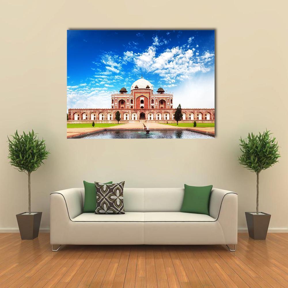Humayun's Tomb with Reflecting Pool Canvas Wall Art in white, brown and blue, single panel hung on a wall