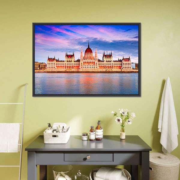 Hungarian Parliament & Danube River Canvas Wall Art-1 Piece-Floating Frame-24" x 16"-Tiaracle