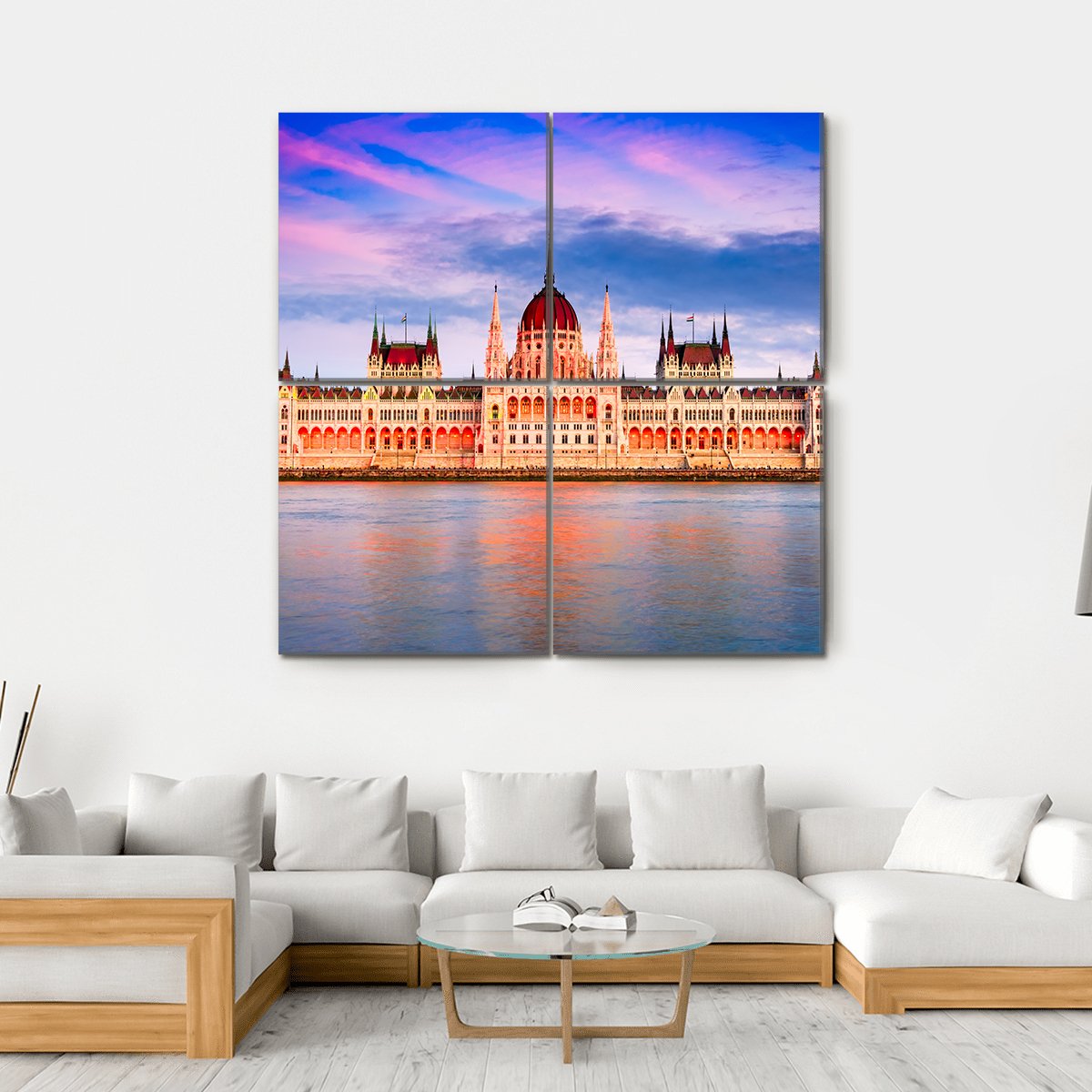 Hungarian Parliament &amp; Danube River Canvas Wall Art-4 Square-Gallery Wrap-17" x 17"-Tiaracle