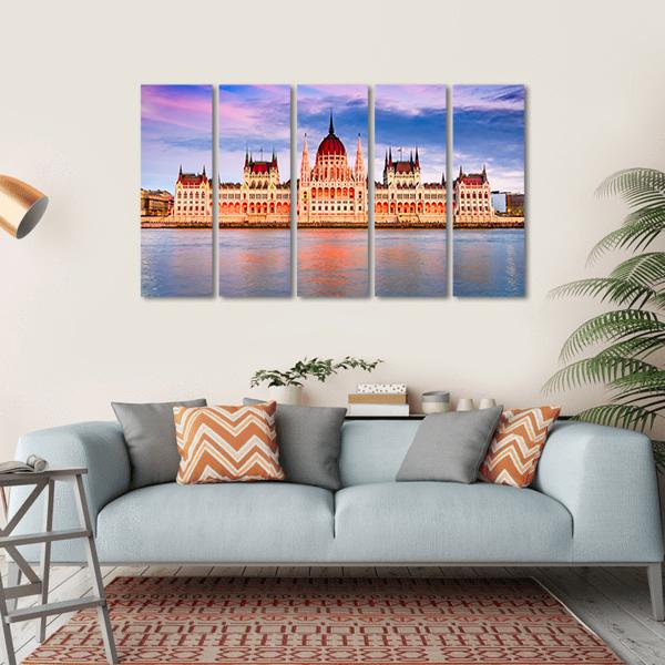 Hungarian Parliament & Danube River Canvas Wall Art-5 Horizontal-Gallery Wrap-22" x 12"-Tiaracle