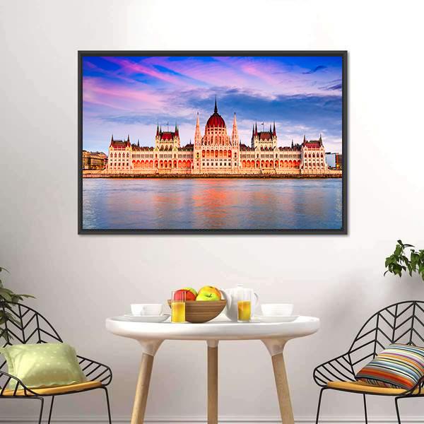 Hungarian Parliament & Danube River Canvas Wall Art-3 Horizontal-Gallery Wrap-25" x 16"-Tiaracle
