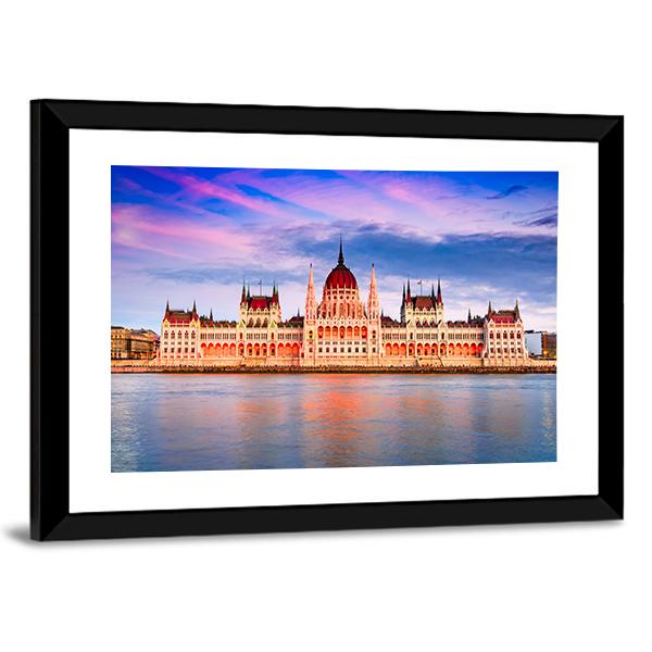 Hungarian Parliament & Danube River Canvas Wall Art-3 Horizontal-Gallery Wrap-25" x 16"-Tiaracle