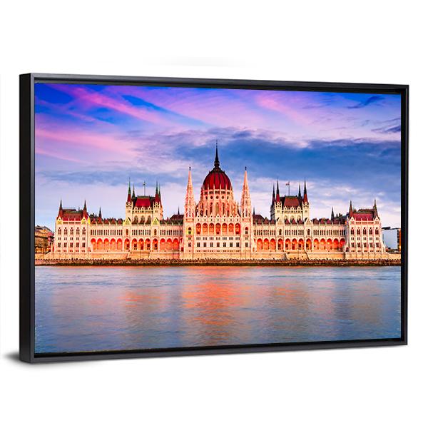 Hungarian Parliament & Danube River Canvas Wall Art-5 Horizontal-Gallery Wrap-22" x 12"-Tiaracle