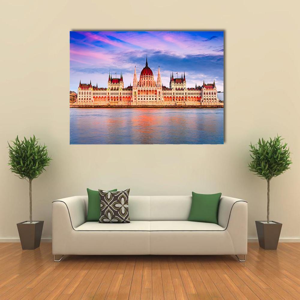 Hungarian Parliament on the Danube, Budapest Canvas Wall Art in gold, blue and pink, single panel hung on a wall