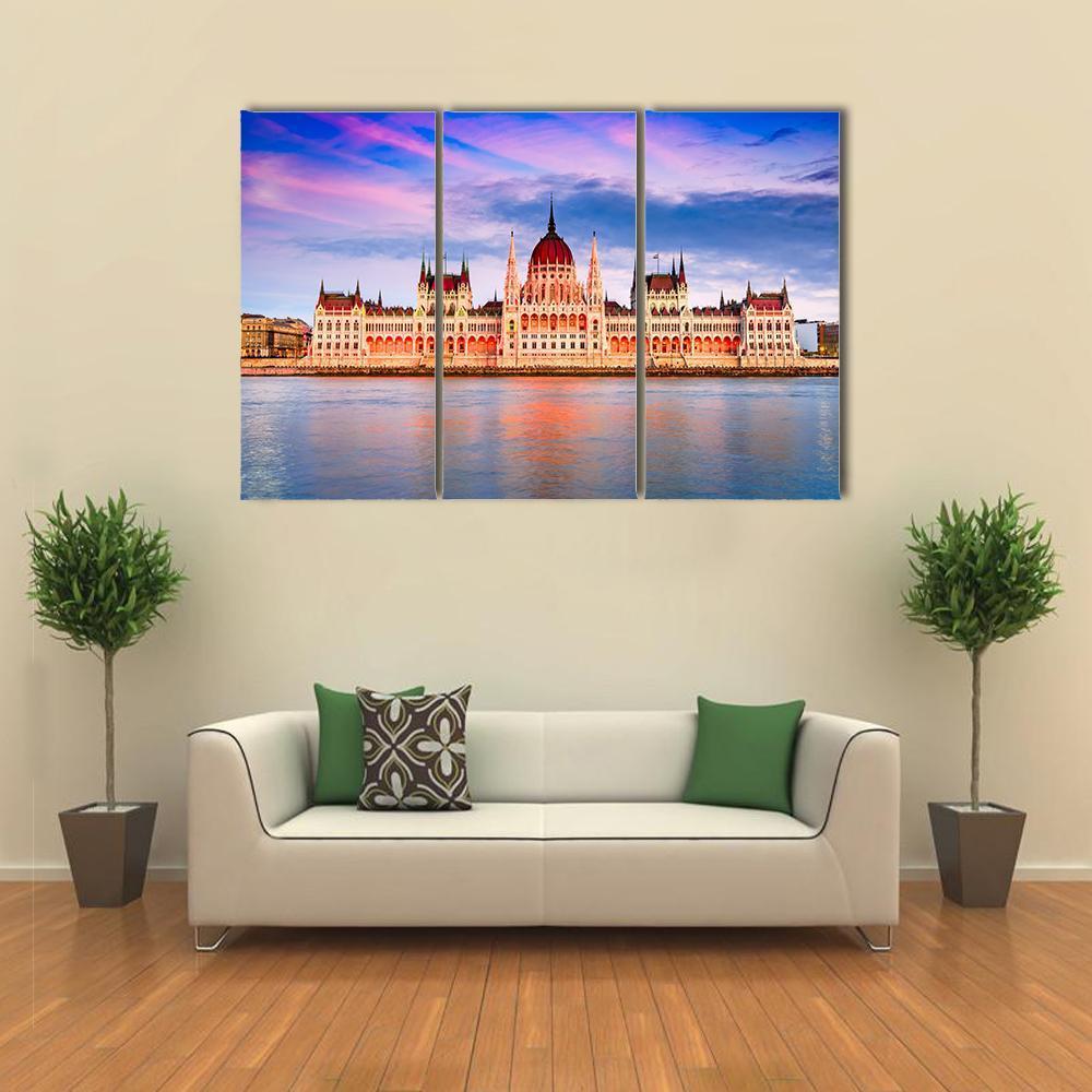 Hungarian Parliament & Danube River Canvas Wall Art-3 Horizontal-Gallery Wrap-37" x 24"-Tiaracle