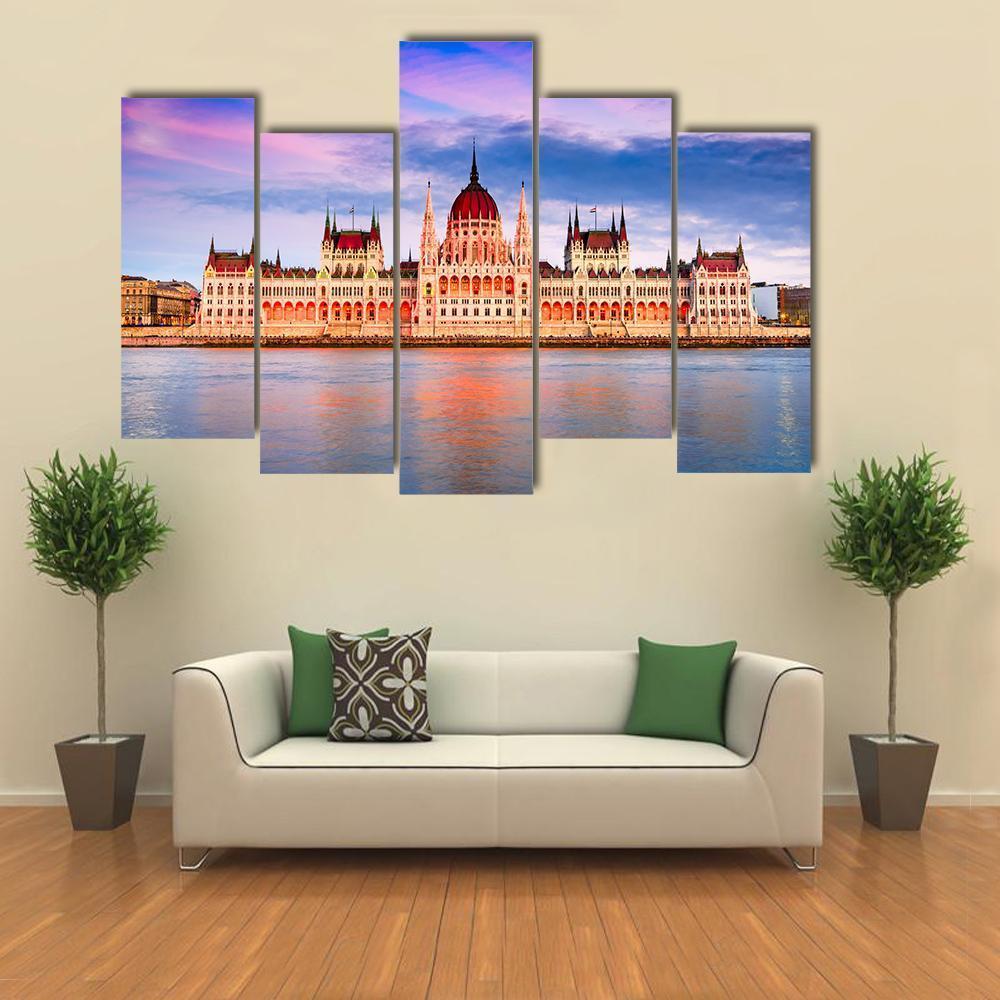 Hungarian Parliament & Danube River Canvas Wall Art-5 Pop-Gallery Wrap-47" x 32"-Tiaracle