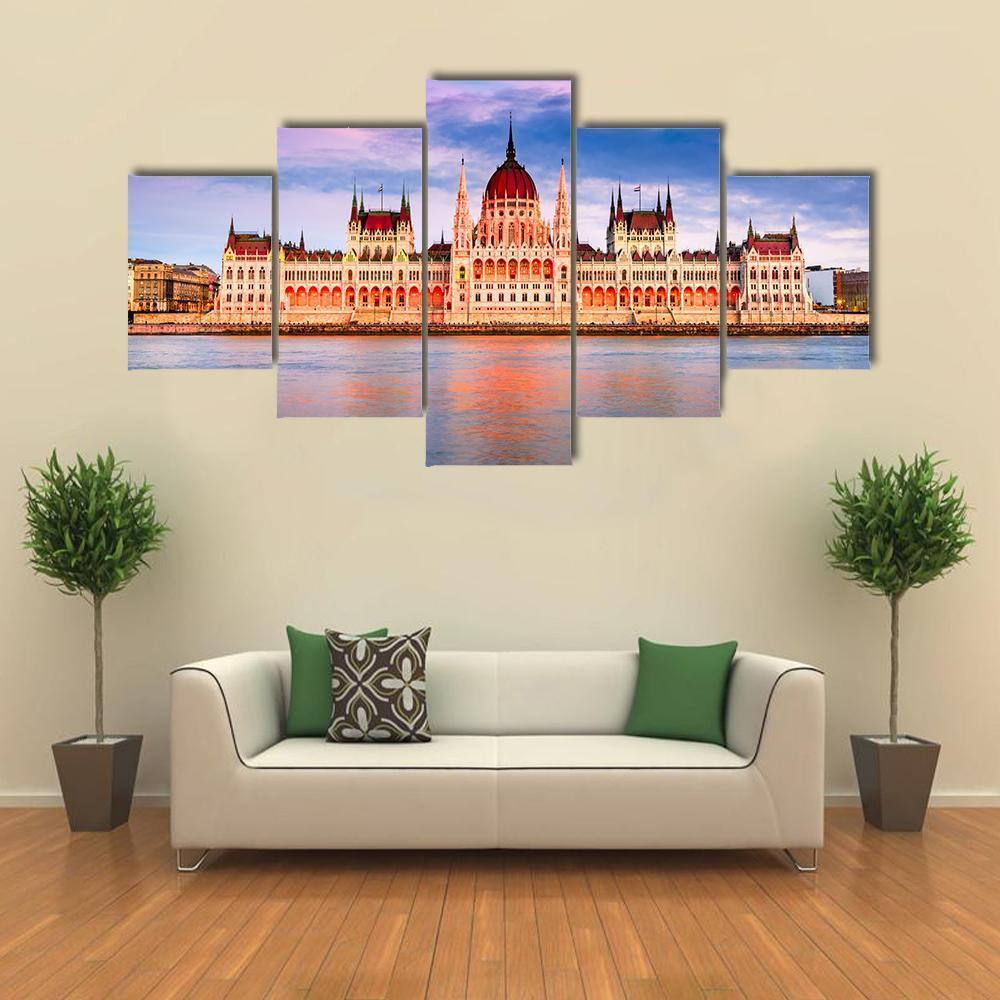 Hungarian Parliament & Danube River Canvas Wall Art-5 Star-Gallery Wrap-62" x 32"-Tiaracle