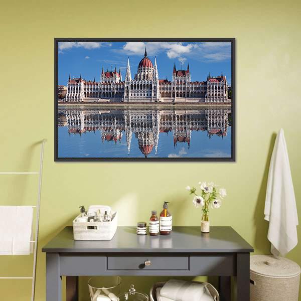Hungarian Parliament With Reflection In Danube River Canvas Wall Art-1 Piece-Floating Frame-24" x 16"-Tiaracle
