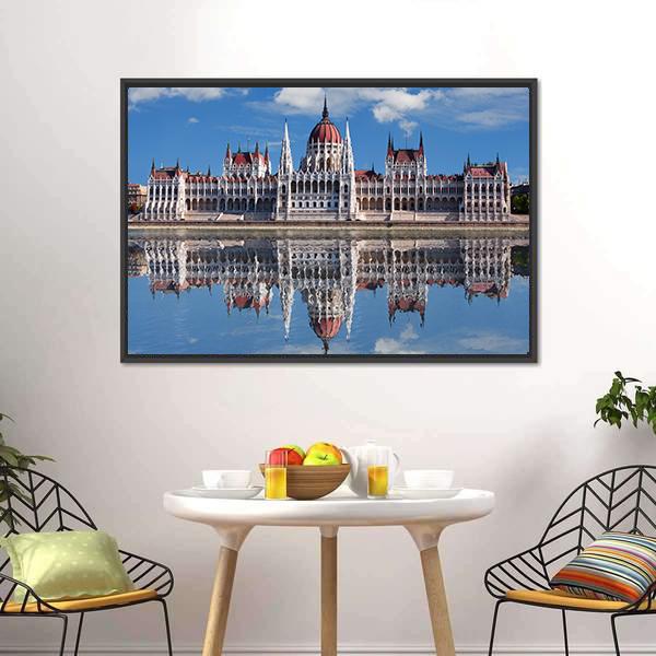 Hungarian Parliament With Reflection In Danube River Canvas Wall Art-3 Horizontal-Gallery Wrap-25" x 16"-Tiaracle