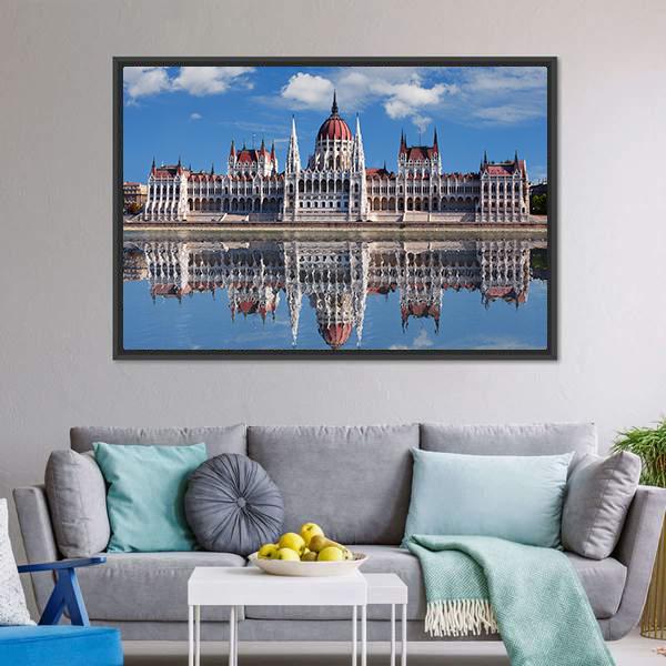 Hungarian Parliament With Reflection In Danube River Canvas Wall Art-3 Horizontal-Gallery Wrap-25" x 16"-Tiaracle