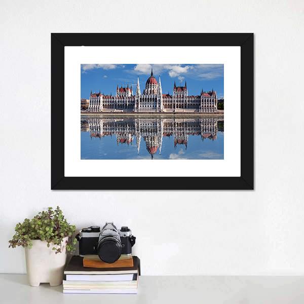 Hungarian Parliament With Reflection In Danube River Canvas Wall Art-1 Piece-Framed Print-20" x 16"-Tiaracle