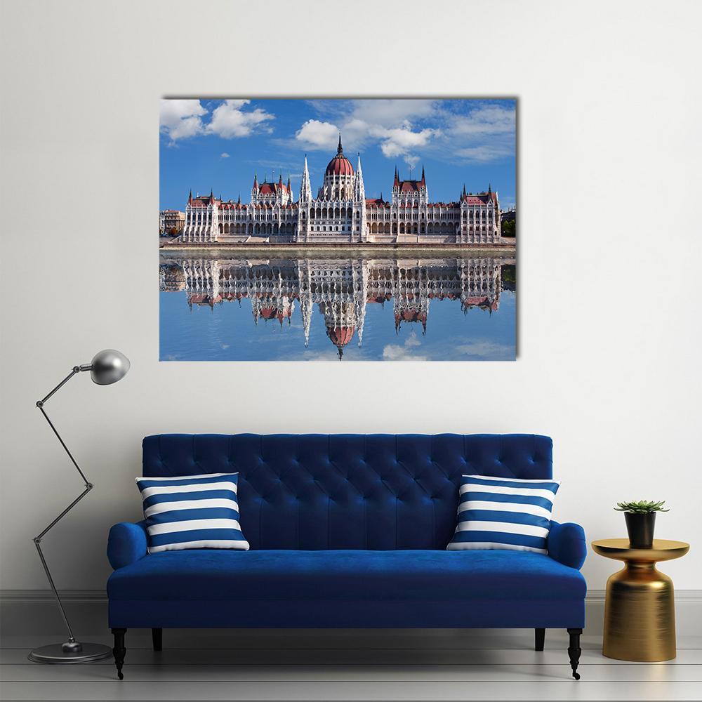 Hungarian Parliament With Reflection In Danube River Canvas Wall Art-1 Piece-Gallery Wrap-48" x 32"-Tiaracle