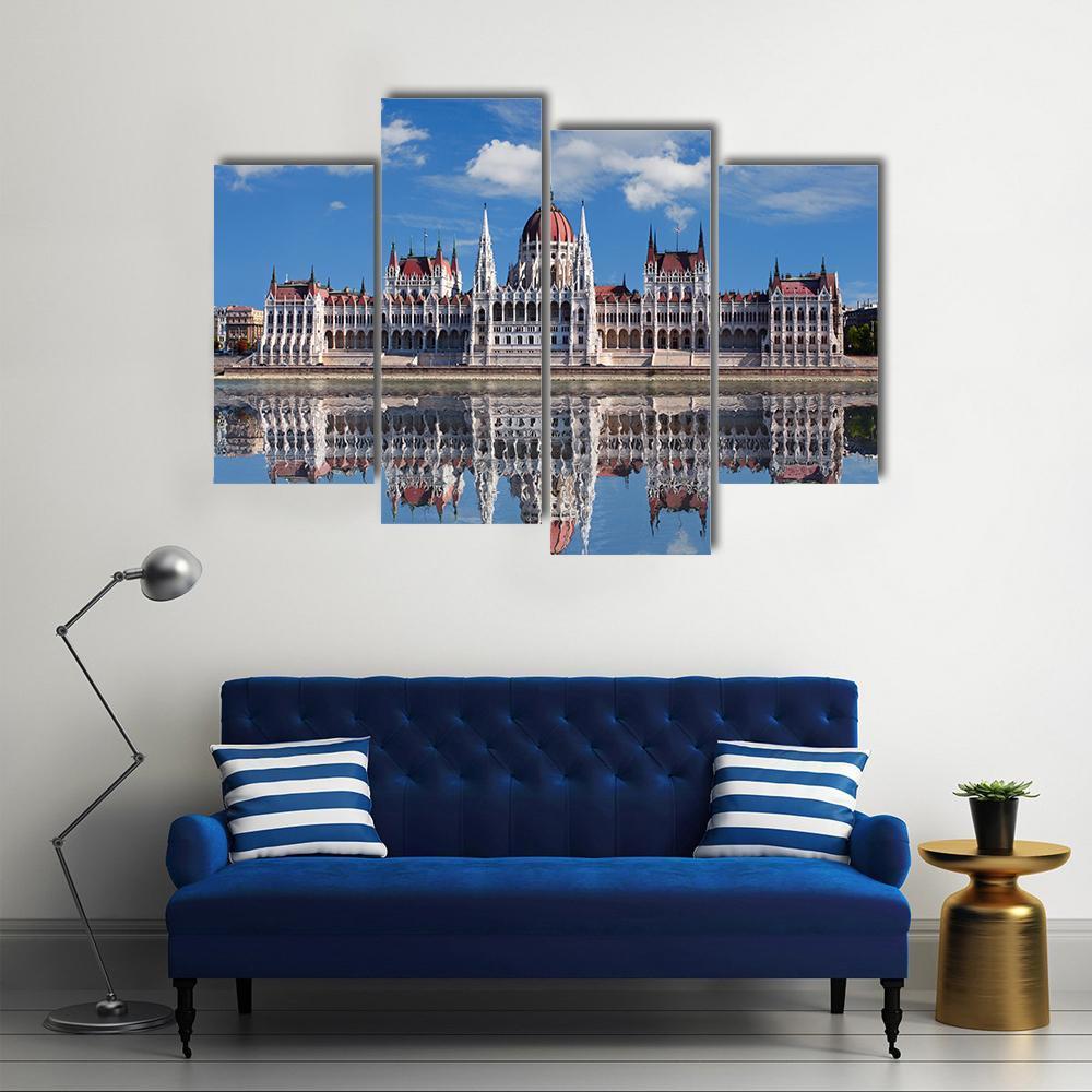 Hungarian Parliament With Reflection In Danube River Canvas Wall Art-4 Pop-Gallery Wrap-50" x 32"-Tiaracle