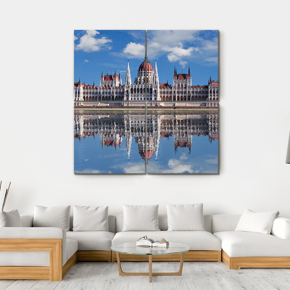 Hungarian Parliament With Reflection In Danube River Canvas Wall Art-4 Square-Gallery Wrap-17" x 17"-Tiaracle