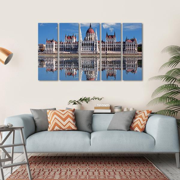 Hungarian Parliament With Reflection In Danube River Canvas Wall Art-5 Horizontal-Gallery Wrap-22" x 12"-Tiaracle