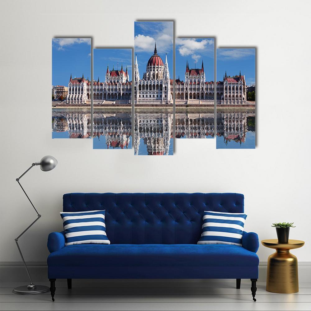 Hungarian Parliament With Reflection In Danube River Canvas Wall Art-5 Pop-Gallery Wrap-47" x 32"-Tiaracle