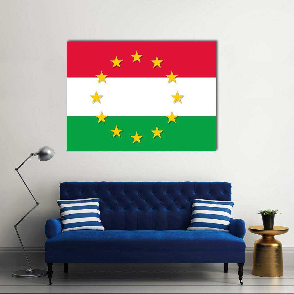 Hungarian Flag with European Union Stars Canvas Wall Art in white, red and green, single panel hung on a wall