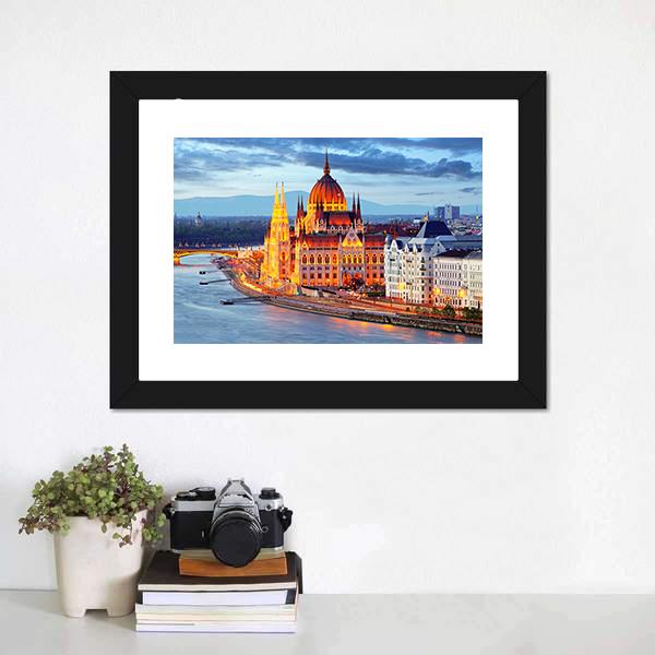 Hungary Parliament At Evening Canvas Wall Art-1 Piece-Framed Print-20" x 16"-Tiaracle