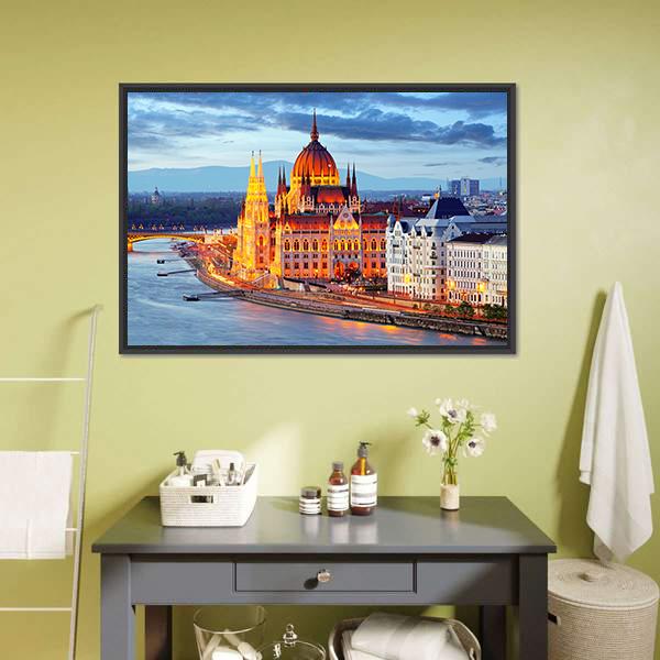 Hungary Parliament At Evening Canvas Wall Art-1 Piece-Floating Frame-24" x 16"-Tiaracle
