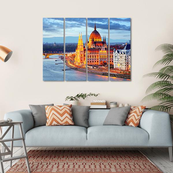 Hungary Parliament At Evening Canvas Wall Art-4 Horizontal-Gallery Wrap-34" x 24"-Tiaracle