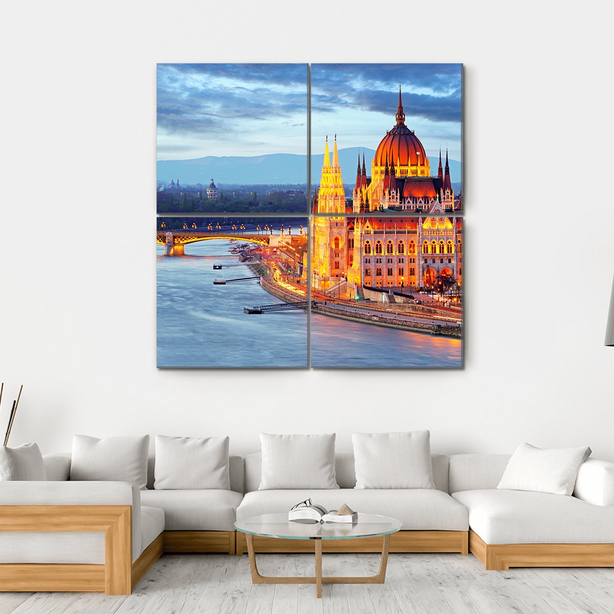 Hungary Parliament At Evening Canvas Wall Art-4 Square-Gallery Wrap-17" x 17"-Tiaracle