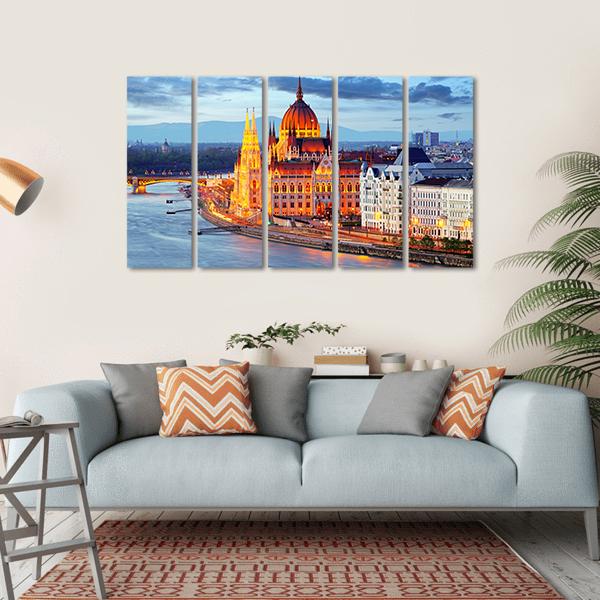 Hungary Parliament At Evening Canvas Wall Art-5 Horizontal-Gallery Wrap-22" x 12"-Tiaracle