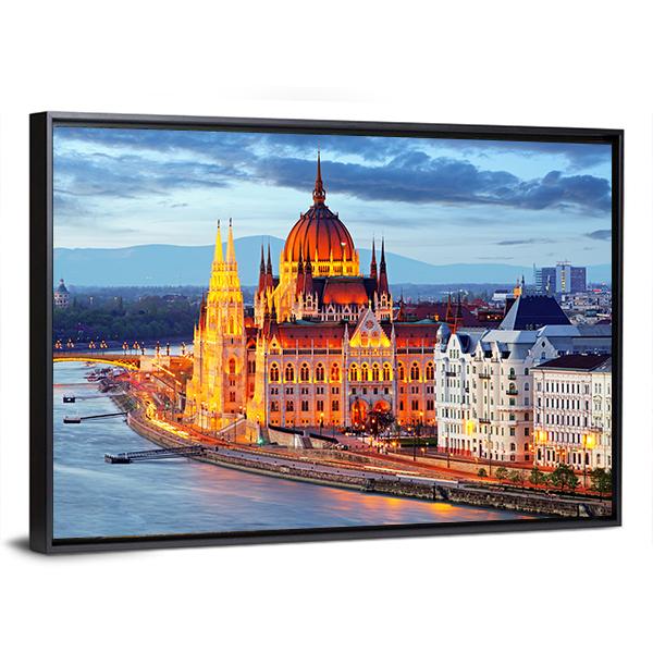 Hungary Parliament At Evening Canvas Wall Art-3 Horizontal-Gallery Wrap-25" x 16"-Tiaracle