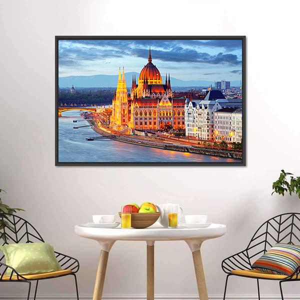Hungary Parliament At Evening Canvas Wall Art-3 Horizontal-Gallery Wrap-25" x 16"-Tiaracle