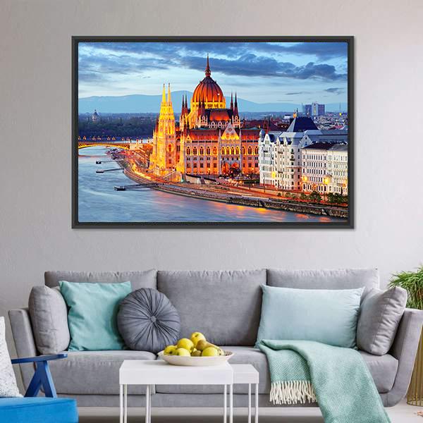 Hungary Parliament At Evening Canvas Wall Art-3 Horizontal-Gallery Wrap-25" x 16"-Tiaracle