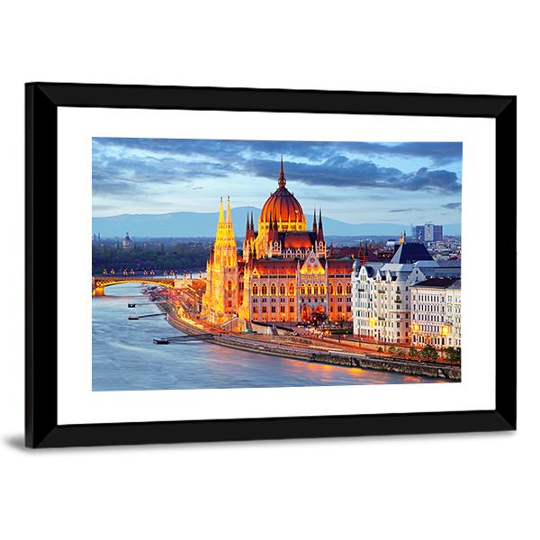 Hungary Parliament At Evening Canvas Wall Art-3 Horizontal-Gallery Wrap-25" x 16"-Tiaracle