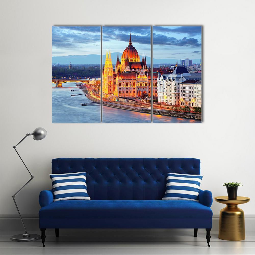 Hungary Parliament At Evening Canvas Wall Art-3 Horizontal-Gallery Wrap-37" x 24"-Tiaracle