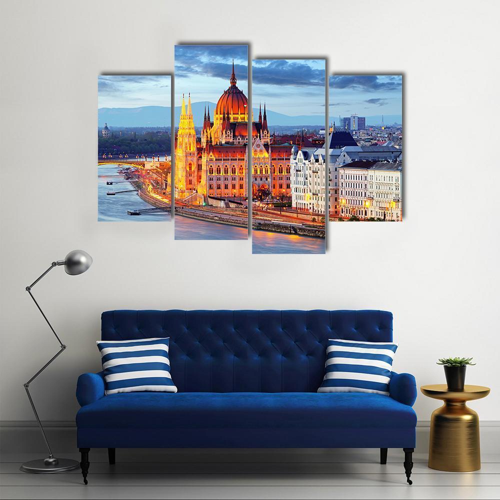 Hungary Parliament At Evening Canvas Wall Art-4 Pop-Gallery Wrap-50" x 32"-Tiaracle