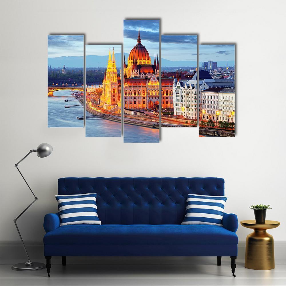 Hungary Parliament At Evening Canvas Wall Art-5 Pop-Gallery Wrap-47" x 32"-Tiaracle