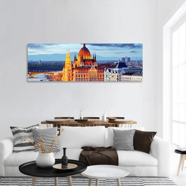 Hungary Parliament At Evening Panoramic Canvas Wall Art-3 Piece-25" x 08"-Tiaracle