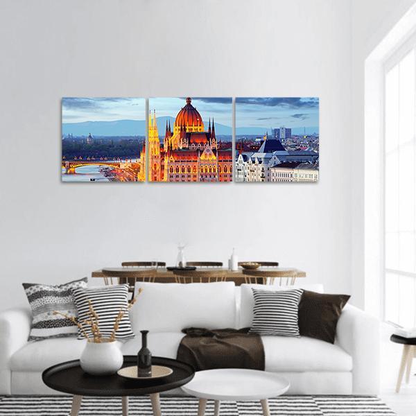 Hungary Parliament At Evening Panoramic Canvas Wall Art-3 Piece-25" x 08"-Tiaracle