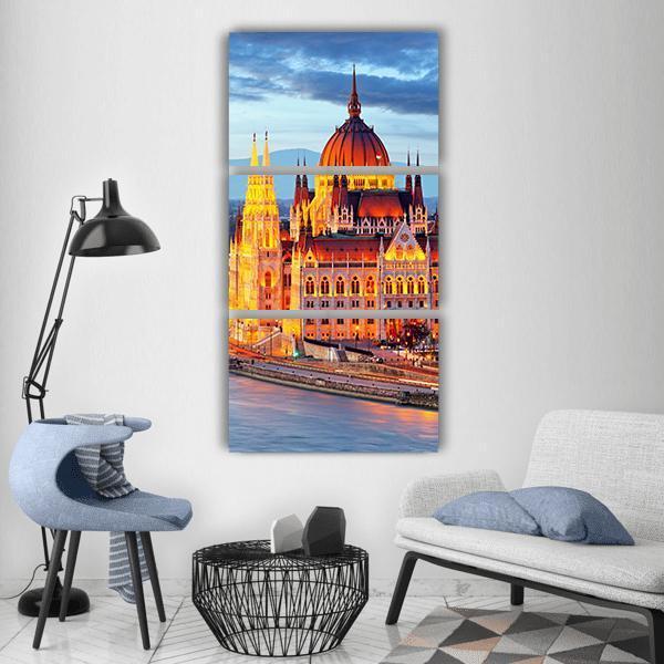 Hungary Parliament At Evening Vertical Canvas Wall Art-3 Vertical-Gallery Wrap-12" x 25"-Tiaracle