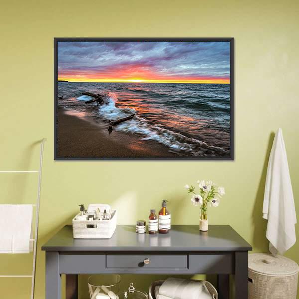 Huron Lake Sunset Reflection Canvas Wall Art in orange, blue and purple, framed canvas, product view on a white background