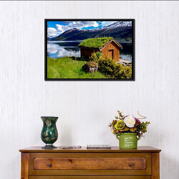 Hut Near Lake Norway Canvas Wall Art-1 Piece-Floating Frame-24" x 16"-Tiaracle